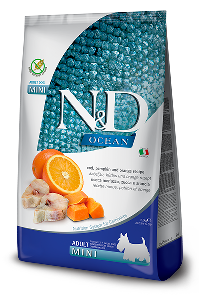 Farmina N&D Ocean Adult Mini Merluzzo, Zucca e Arancia 800 g – Grain Free per Cani Mini