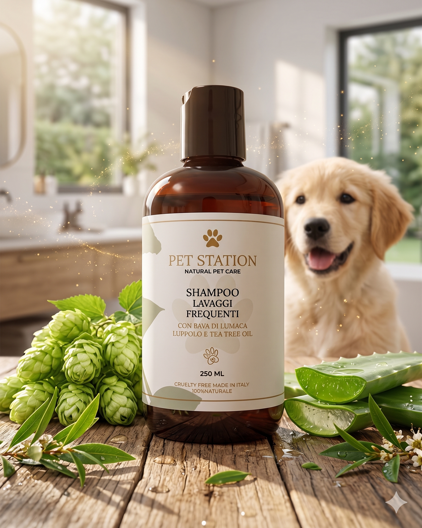 Shampoo Lavaggi Frequenti Pet Station: Detersione Profonda e Sicura, Anche Senza Risciacquo. Purifica con Bava di Lumaca, Luppolo e Tea Tree Oil.