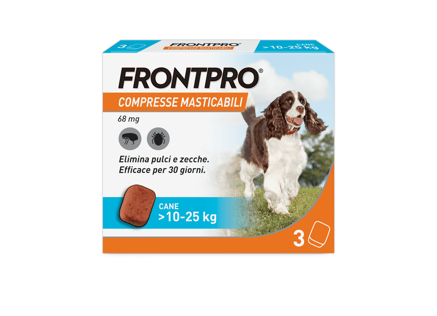 Frontpro 68 mg Compresse Masticabili per Cani 10-25 kg – 3 Compresse | Antipulci e Antizecche