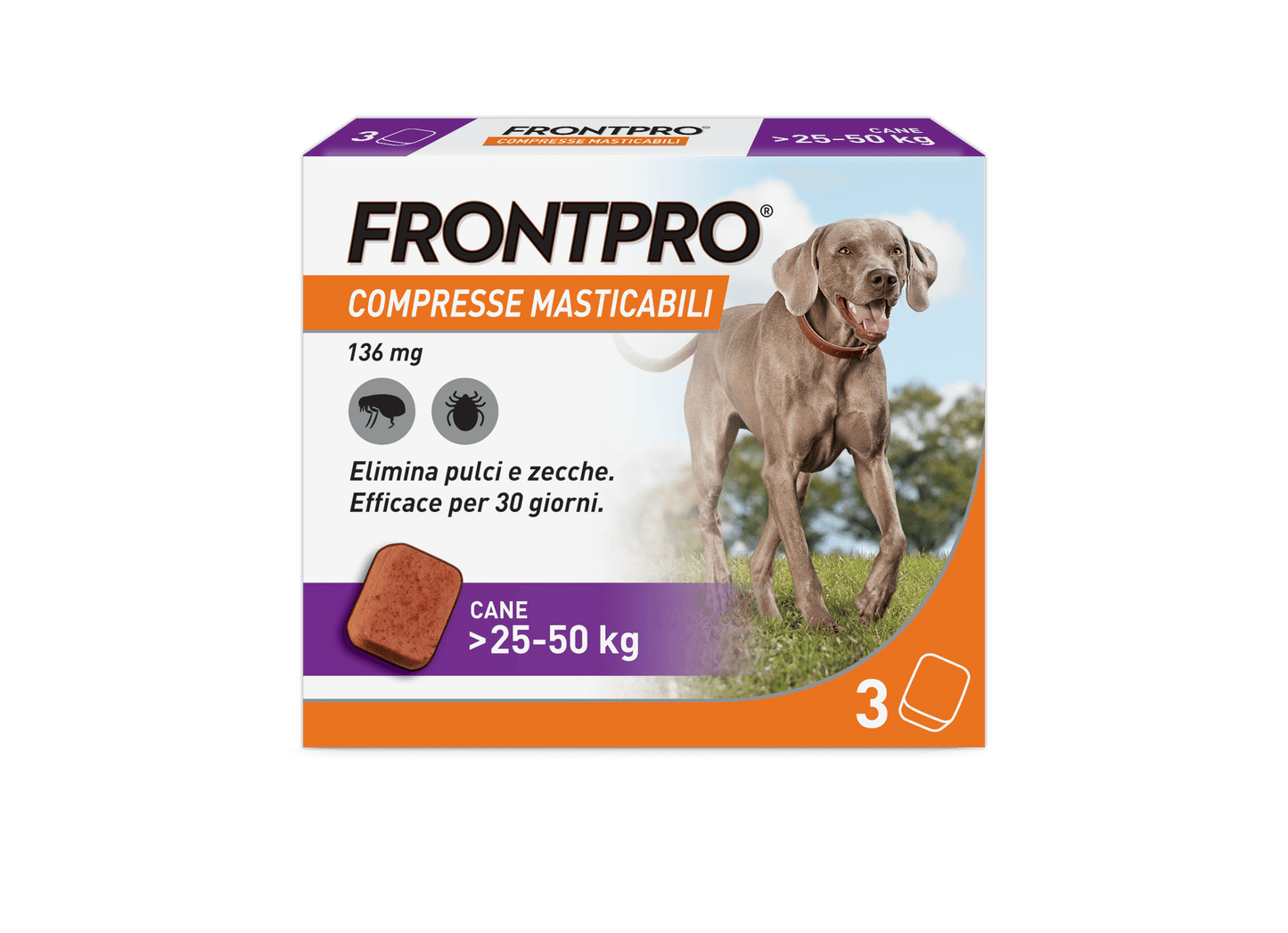 Frontpro 136 mg Compresse Masticabili per Cani 25-50 kg – 3 Compresse | Antipulci e Antizecche