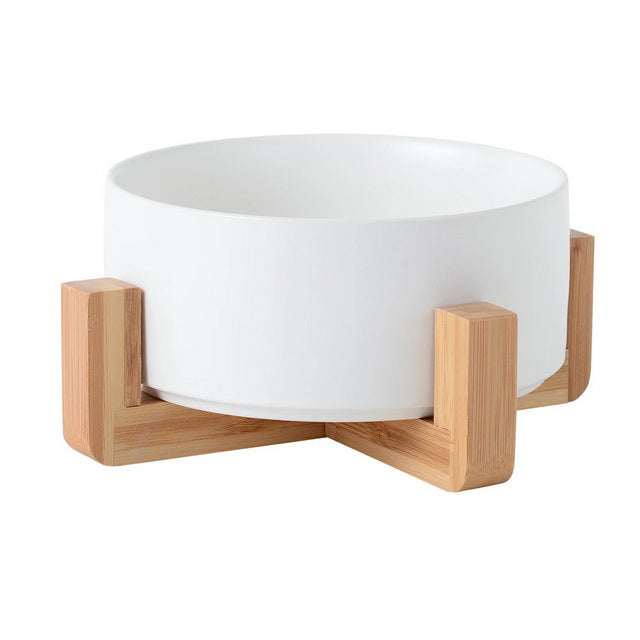 Ciotola in Ceramica Bianca con Supporto in Legno