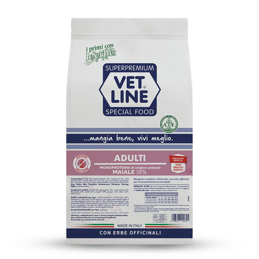 Vet Line Adulti Maiale 38% Monoproteina – Crocchette Naturali per Cani Adulti