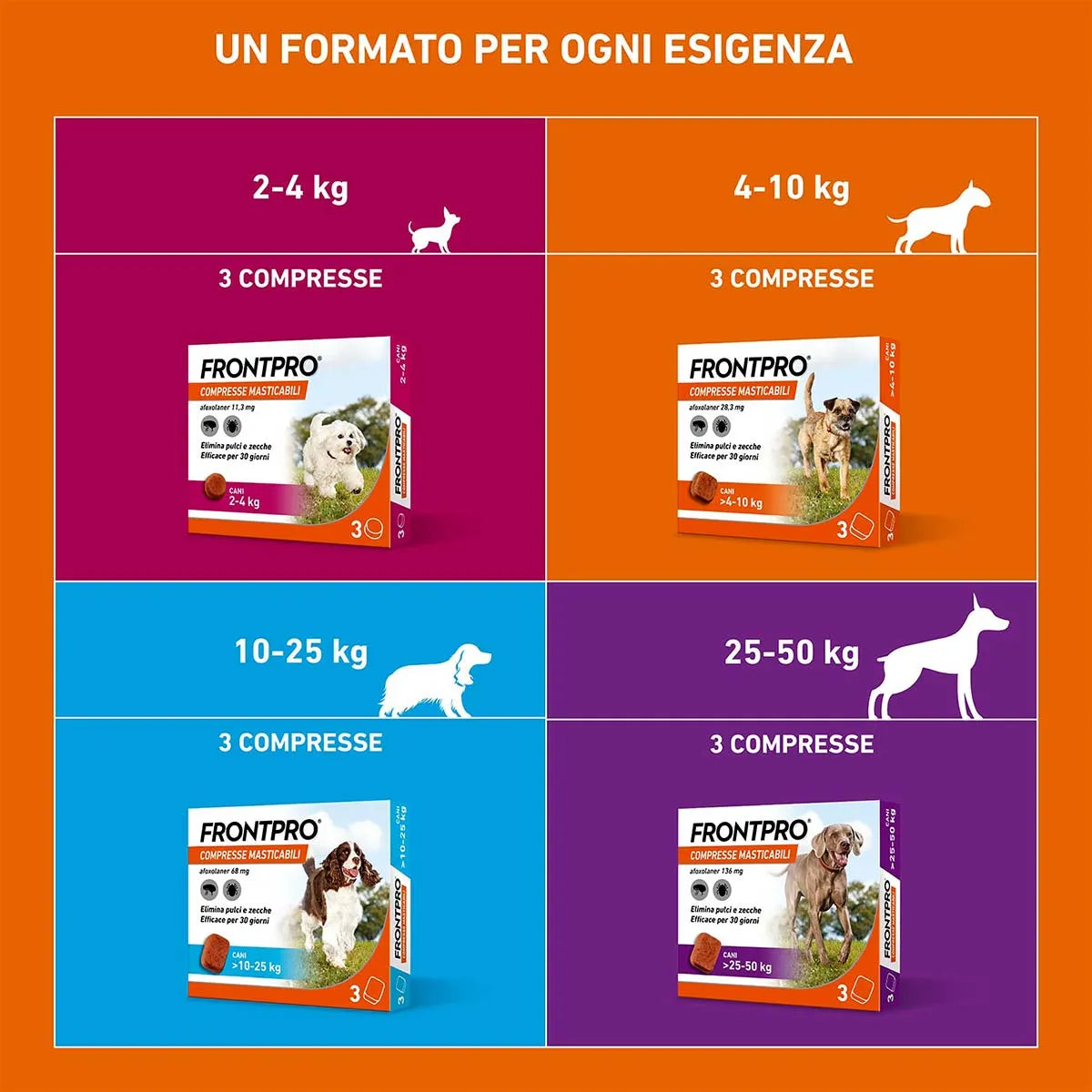 Frontpro 136 mg Compresse Masticabili per Cani 25-50 kg – 3 Compresse | Antipulci e Antizecche